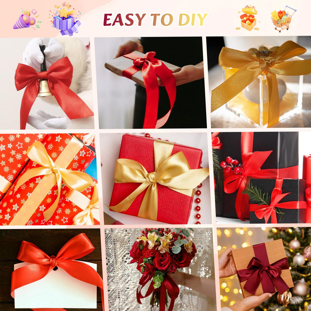 VynyQoo 2 Rolls 20mm Satin Ribbon Wide, Red and Gold Gift Wrap Ribbon, 22M Single Sided Ribbons for Gift Wrapping, Gift Wrapping Ribbon for Crafting, Wedding Party,Cake Wrapping Decorations