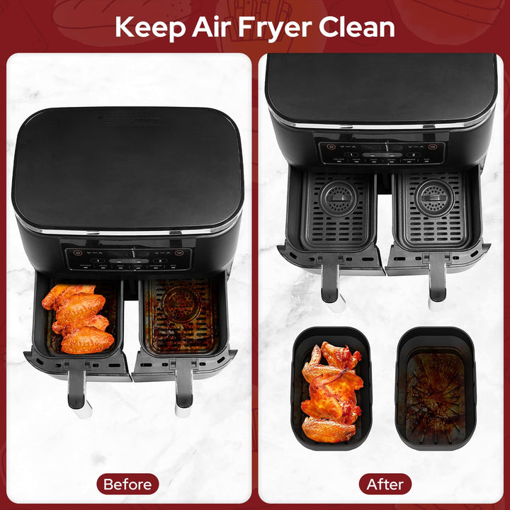 Alyvisun Air Fryer Silicone, 4PCS Reusable Dual Airfryer Accessories Liner Foldable Baking Rack Moulds Rectangular Basket Versatile Non Stick Tray (Black)