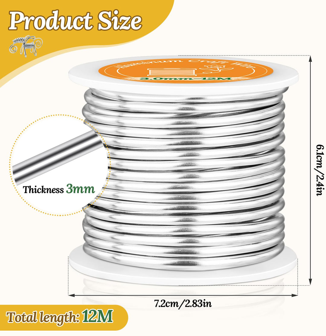 VynyQoo 3mm Aluminum Crafting Wire, 12M Silver Bendable Flexible Wire for Crafts, Craft Wire for DIY Sculpting, Floral Arrangements, Sculpture Frames, Modeling & Wire Art Projects
