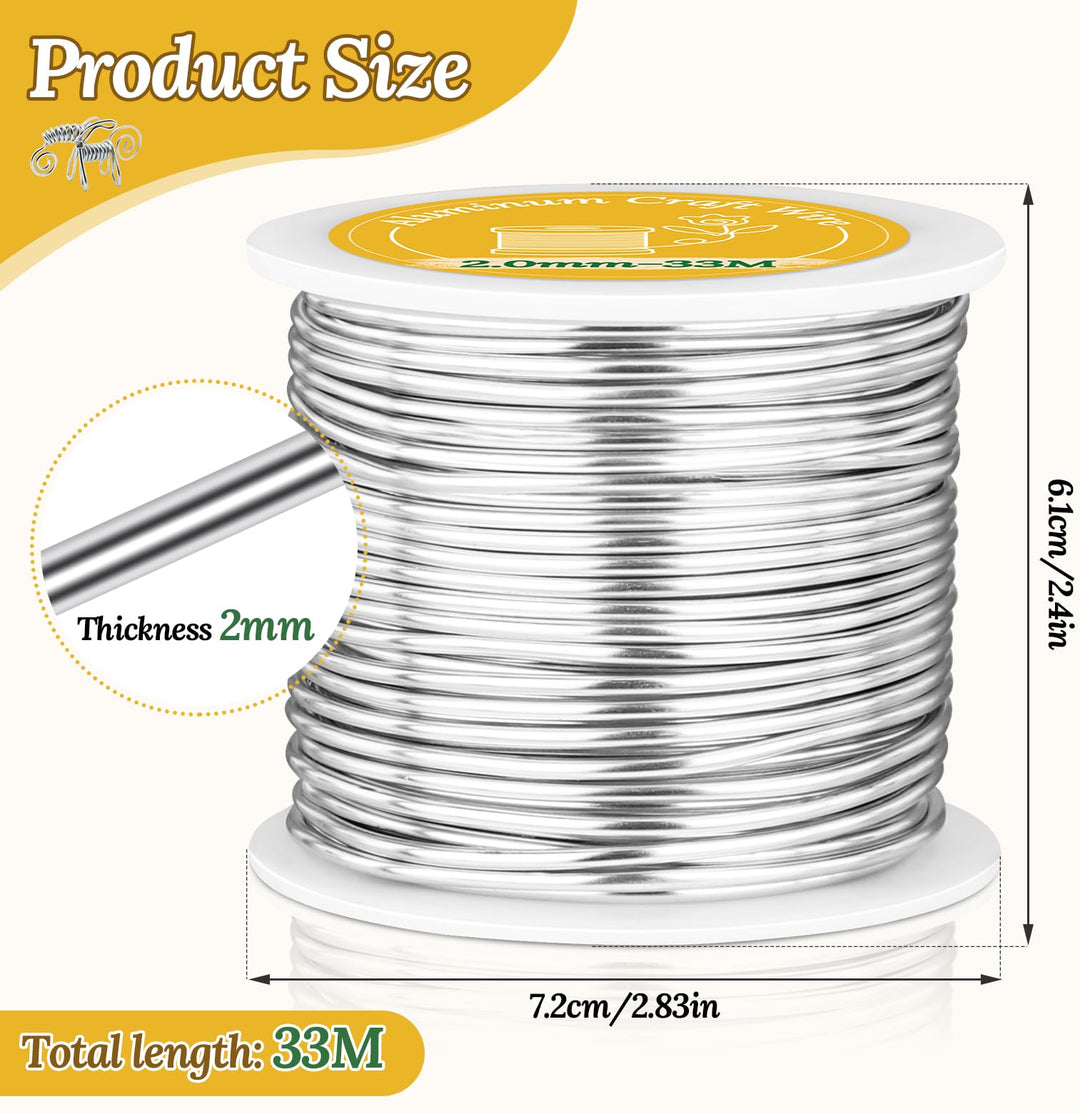 VynyQoo 2mm Aluminum Crafting Wire, 33M Silver Bendable Flexible Wire for Crafts, Craft Wire for DIY Sculpting, Modeling, Jewelry Making, Floral Crafts & Wire Weaving