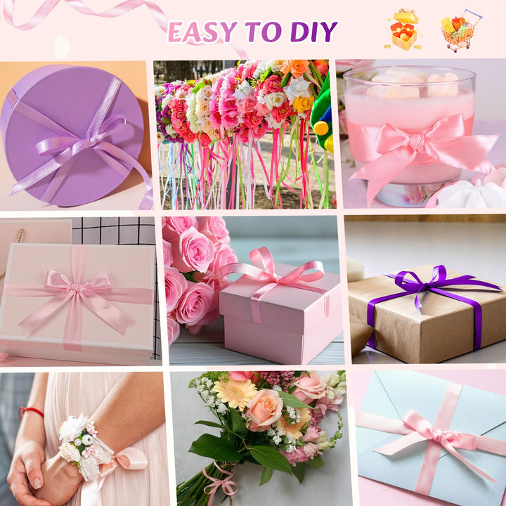 VynyQoo 2 Rolls 10mm Satin Ribbon Wide, Pink and Purple Gift Wrap Ribbon, 22M Single Sided Ribbons for Gift Wrapping, Gift Wrapping Ribbon for Crafting, Wedding Party,Cake Wrapping Decorations