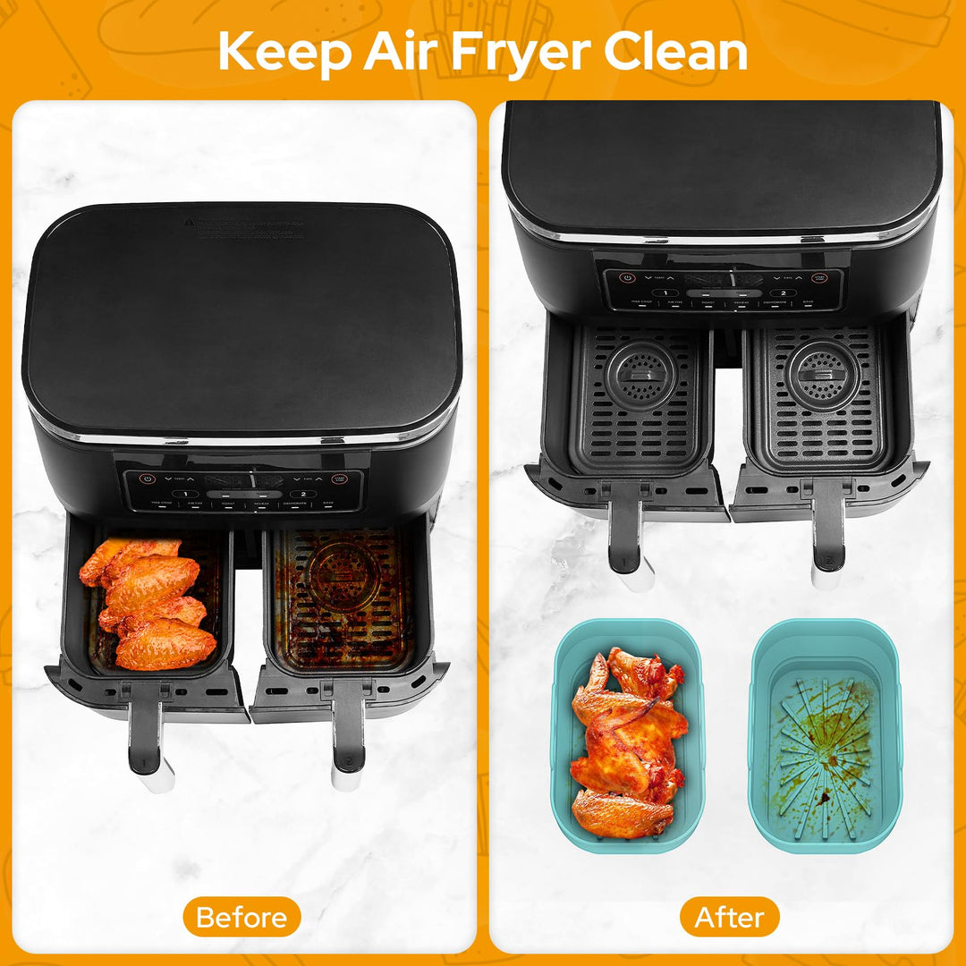 Alyvisun Air Fryer Silicone, 2PCS Reusable Dual Airfryer Accessories Liner Foldable Baking Rack Moulds Rectangular Basket Versatile Non Stick Tray (Blue)