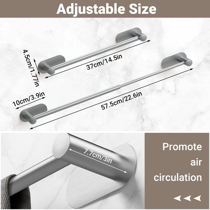 Alyvisun Self Adhesive Towel Rail, Stainless Steel Towel Holder, Retractable from 37cm to 57.5cm, Towel Rail Wall Mounted for Kitchen Bathroom Towel Rails Easy to Install, Silvery