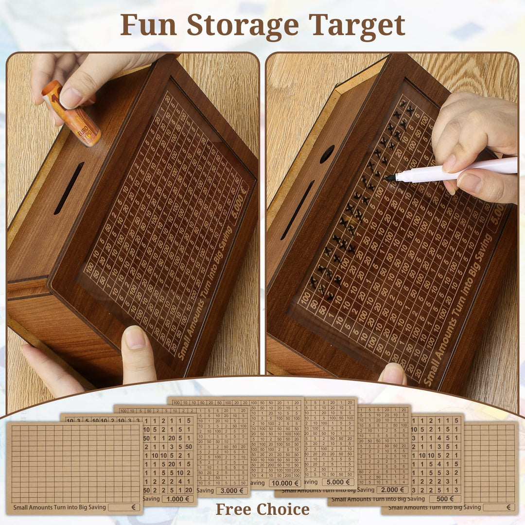Alyvisun Wooden Stickers, Piggy 5000 Pound, Reusable Box with Counter Money Challenge Saving Bank Coin Cash Jar for Kids Adults 500-10000 DIY Target, Brown, One Size