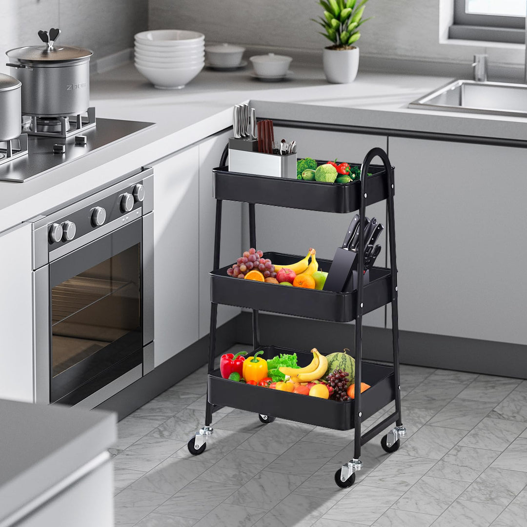 3 Tier Metal Rolling Cart with Handle and Lockable Wheel, Multifunctional Utility Cart on Wheel, Heavy Duty Storage Cart with Handle(Black)
