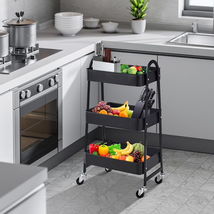 3 Tier Metal Rolling Cart with Handle and Lockable Wheel, Multifunctional Utility Cart on Wheel, Heavy Duty Storage Cart with Handle(Black)