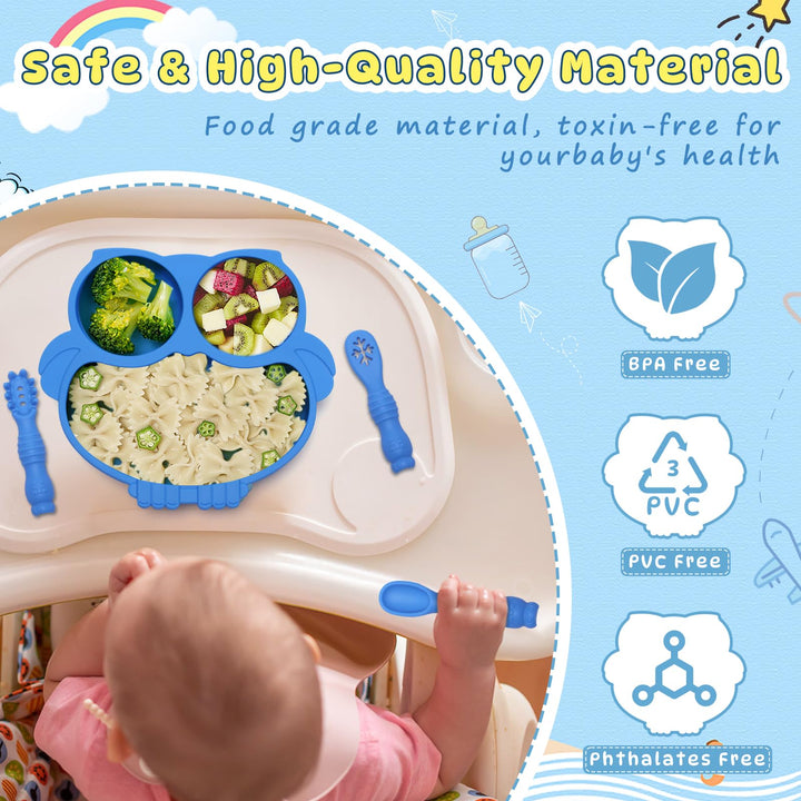 Alyvisun Owl Silicone Suction Plate for Baby, Toddler Cutlery with 3 Spoon Fork Non-Slip Weaning Bowls Feeding Divided Plates Set for High Chairs Tray (Blue)