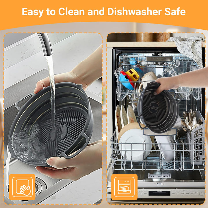 Alyvisun Air Fryer Liner Silicone Reusable Airfryer Basket Foldable Kitchen Pot Accessories Versatile Round Baking Pan for Microwave, Oven (Grey)