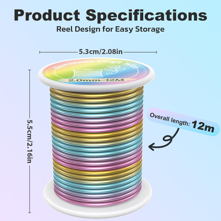 VynyQoo 2mm(12 Gauge) Metal Wire, 12m Galvanised Wire Colored, DIY Aluminium Craft Wire, Handmade Bendable Thick for Jewelry Making Horticultural Bonsai