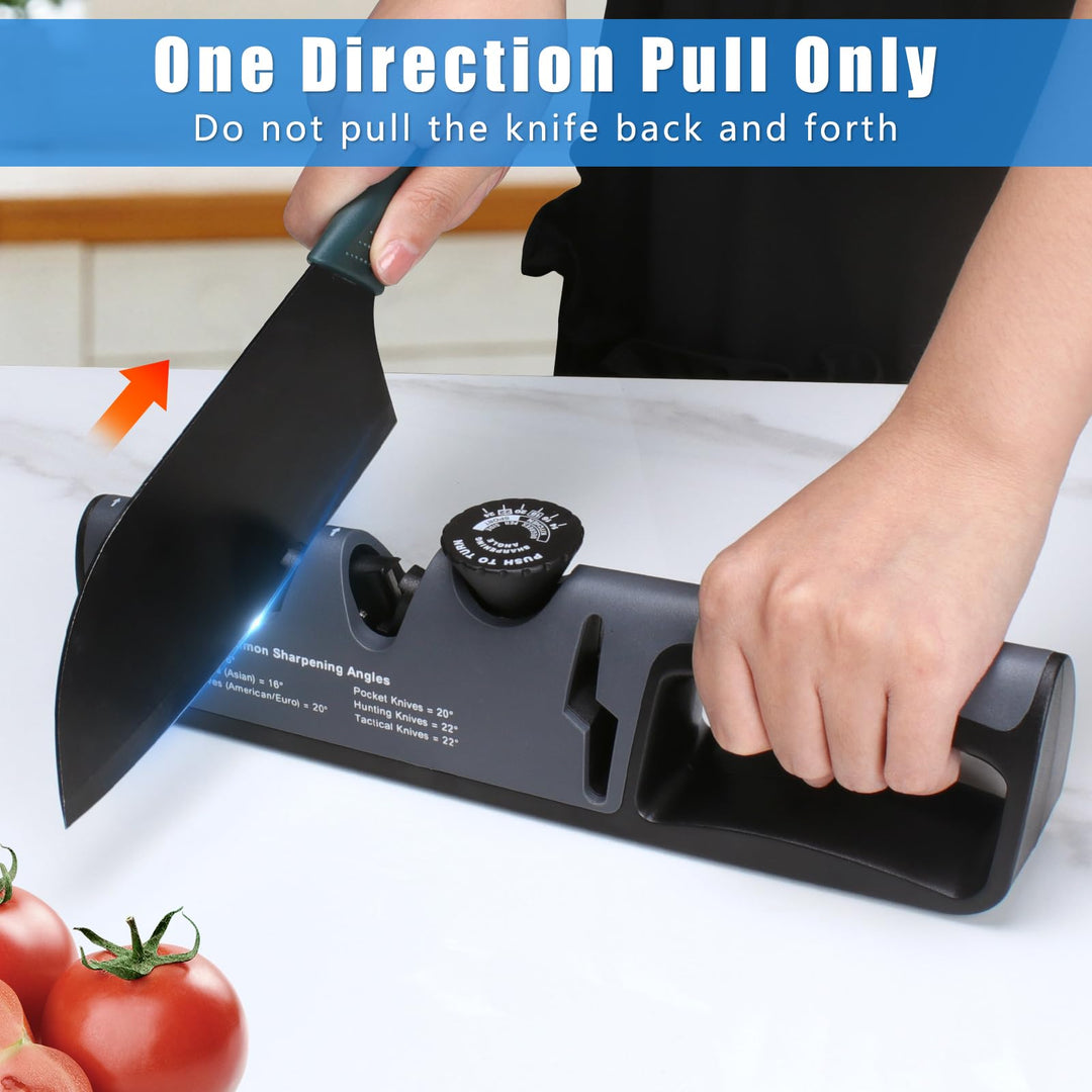 Alyvisun Kitchen Knife Sharpener, Manual 4 in 1, Ergonomic Handle, Non-Slip Base (Black)