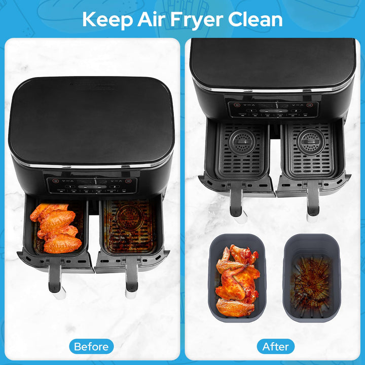 Alyvisun Air Fryer Silicone, 2PCS Reusable Dual Airfryer Accessories Liner Foldable Baking Rack Moulds Rectangular Basket Versatile Non Stick Tray (Grey)