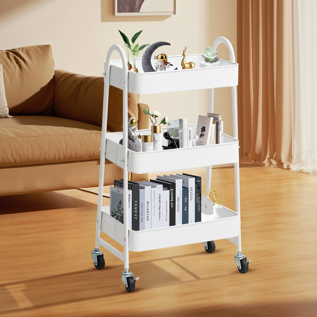 3 Tier Metal Rolling Cart with Handle and Lockable Wheel, Multifunctional Utility Cart on Wheel, Heavy Duty Storage Cart with Handle (White)