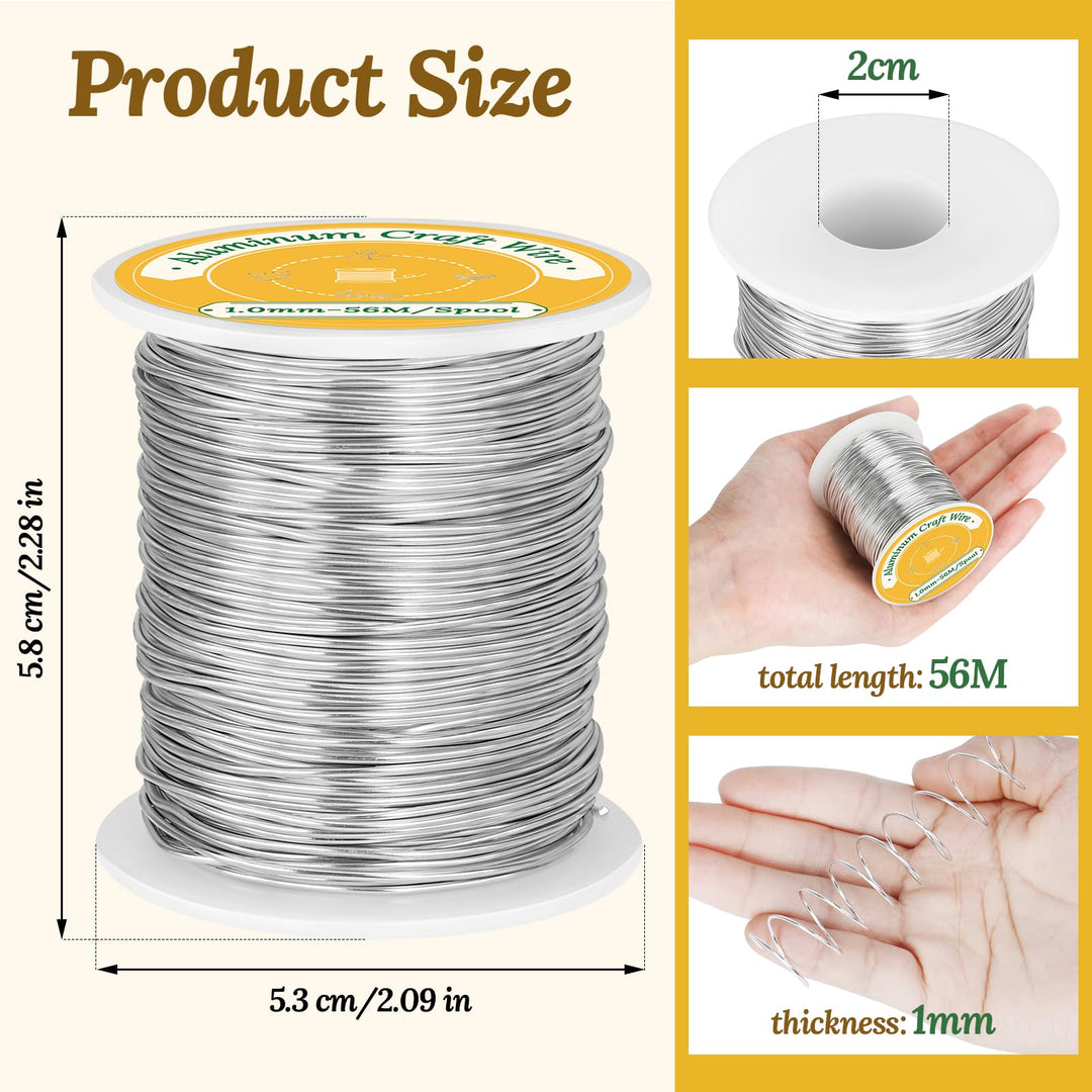 VynyQoo 1mm(18 Gauge) Aluminum Craft Wire, 56M Flexible Bendable Jewellery Wire, Wire for Jewellery Making, for DIY Floral Making, Sculpting Wire, Craft Supplies, Jewellery Making, Weaving (Silver)