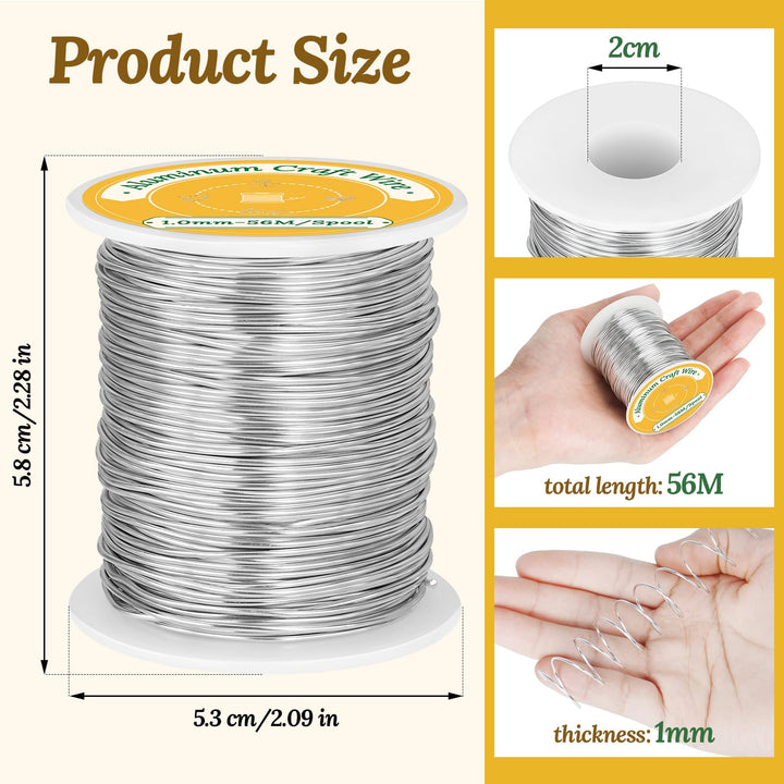VynyQoo 1mm(18 Gauge) Aluminum Craft Wire, 56M Flexible Bendable Jewellery Wire, Wire for Jewellery Making, for DIY Floral Making, Sculpting Wire, Craft Supplies, Jewellery Making, Weaving (Silver)