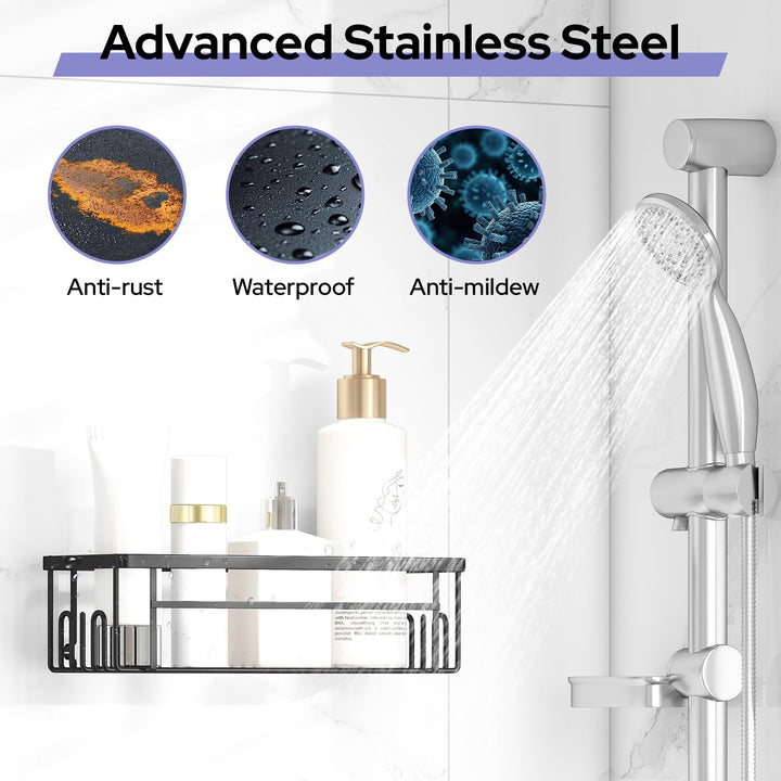 Alyvisun 2 Pack Large Capacity Shower Caddy with Strong Adhesive & Load Bearing, Stainless Steel Bathroom Shelves with Soap Holder and Hooks, Rustproof Shower Storage Caddy No Drilling