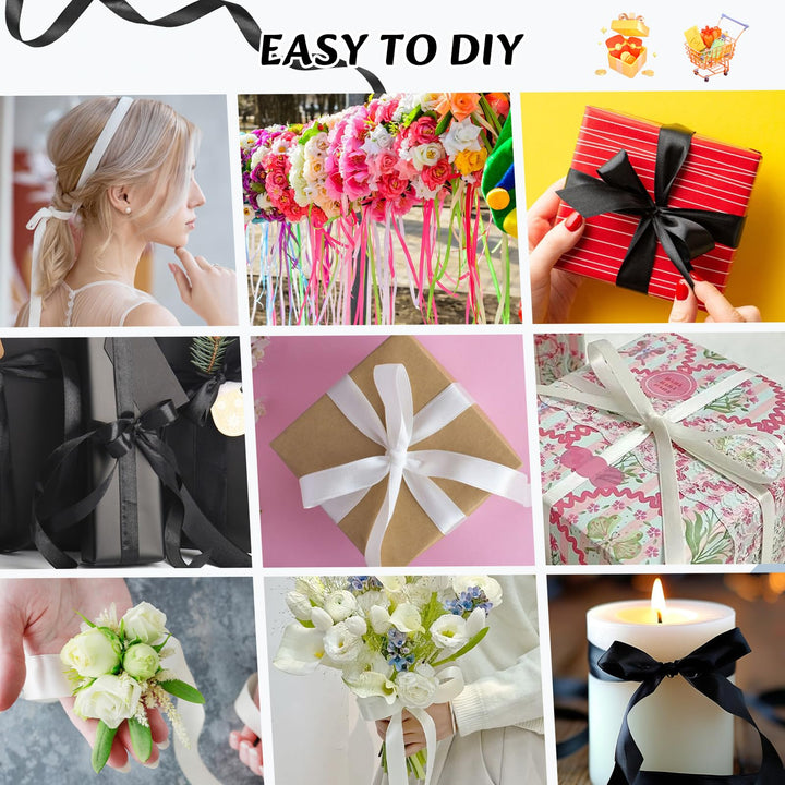 VynyQoo 2 Rolls 10mm Satin Ribbon Wide, Black and White Gift Wrap Ribbon, 22M Single Sided Ribbons for Gift Wrapping, Gift Wrapping Ribbon for Crafting, Wedding Party,Cake Wrapping Decorations