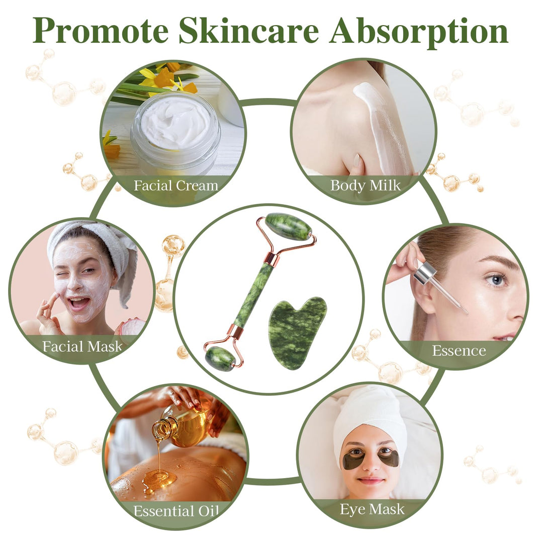 Alyvisun Natural Green Jade Gua Sha Set and Jade Roller,for Neck and Body Massage Tool, Facial Massage Board for Relieving Puffiness and Jawline Improving with User Manual, Skincare Gift for Women