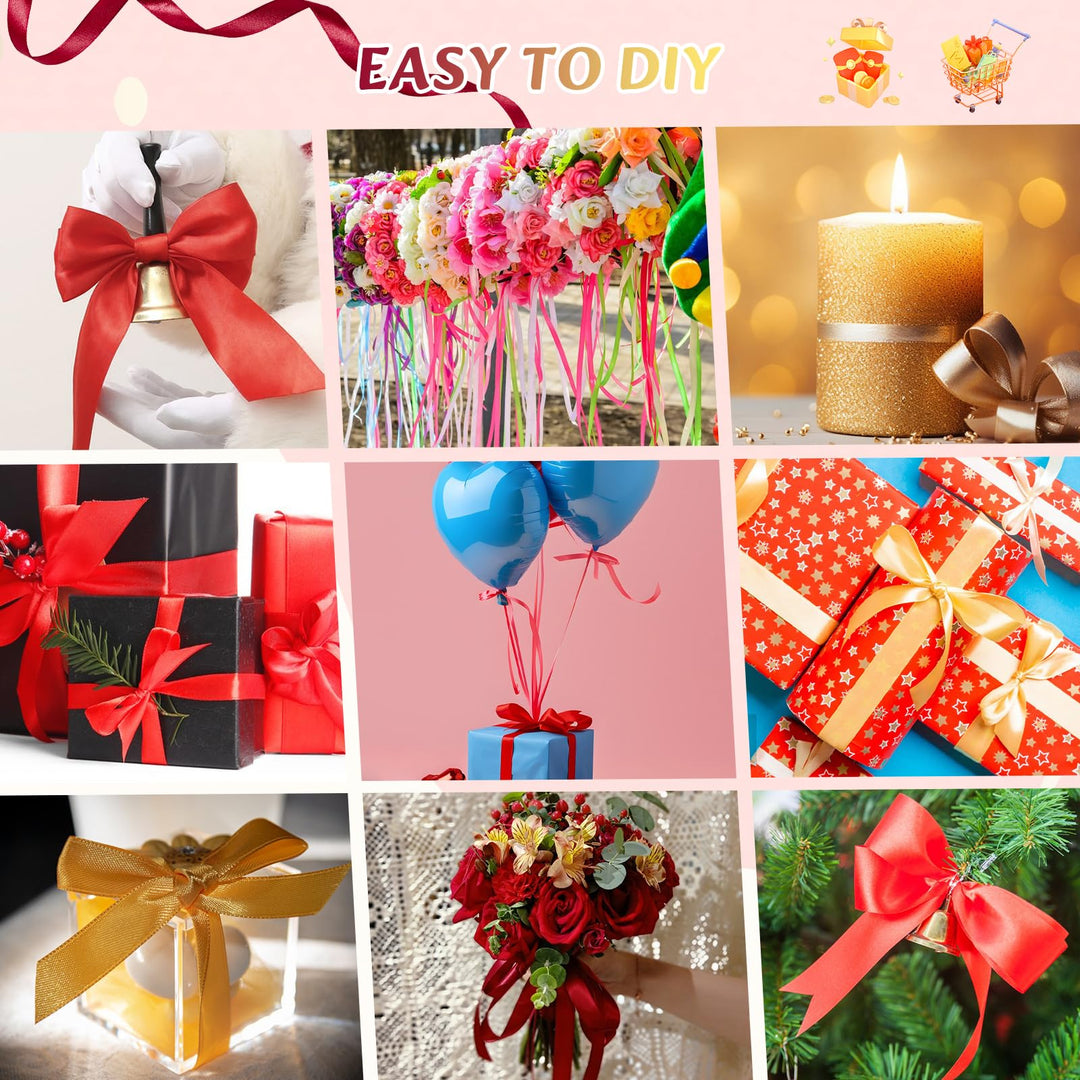 VynyQoo 2 Rolls 10mm Satin Ribbon Wide, Red and Gold Gift Wrap Ribbon, 22M Single Sided Ribbons for Gift Wrapping, Gift Wrapping Ribbon for Crafting, Wedding Party,Cake Wrapping Decorations