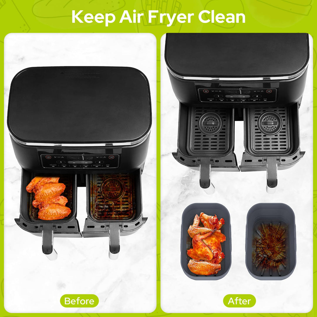 Alyvisun Air Fryer Silicone, 4PCS Reusable Dual Airfryer Accessories Liner Foldable Baking Rack Moulds Rectangular Basket Versatile Non Stick Tray (Blue+Grey)