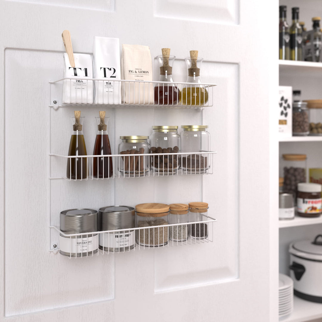3-Tier Hanging Wall Mounted Metal Rack for Spices, Shelf Storage, Pantry Organization, Laundry, Kitchen, Bathroom, White, 18-Inch Wide