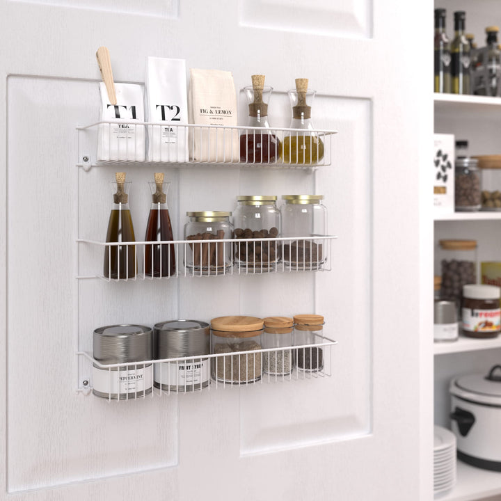 3-Tier Hanging Wall Mounted Metal Rack for Spices, Shelf Storage, Pantry Organization, Laundry, Kitchen, Bathroom, White, 18-Inch Wide