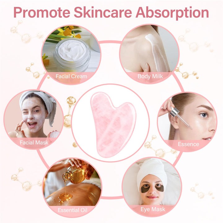 Alyvisun Natural Rose Quartz Gua Sha Tool, Face, Neck and Body Massage Stone, Facial Massage Board for Relieving Puffiness and Improving Jawline with User Manual, Skincare Gift for Women