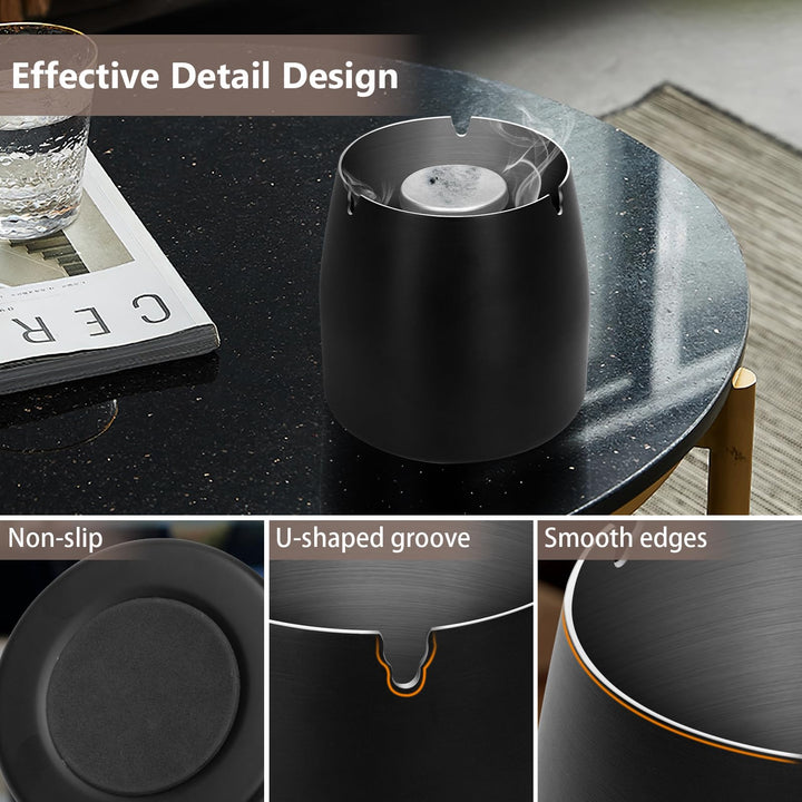 Alyvisun Desktop Trash Container Tray, Stainless Steel Desk Ash Can with Lid and Portable Tray, Smell Proof & Windproof, for Outdoor, Office, Home Decor, Black [10 * 9 * 10 cm]