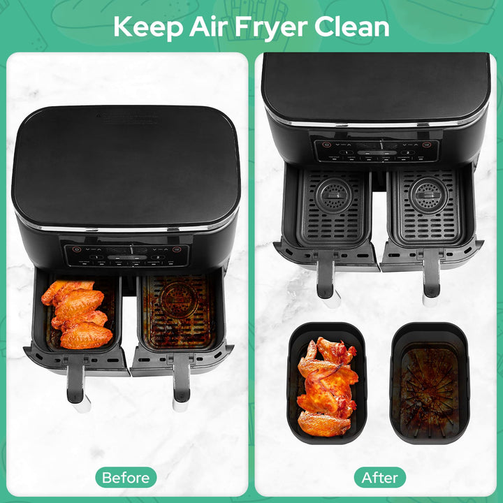Alyvisun Air Fryer Silicone, 2PCS Reusable Dual Airfryer Accessories Liner Foldable Baking Rack Moulds Rectangular Basket Versatile Non Stick Tray (Black)