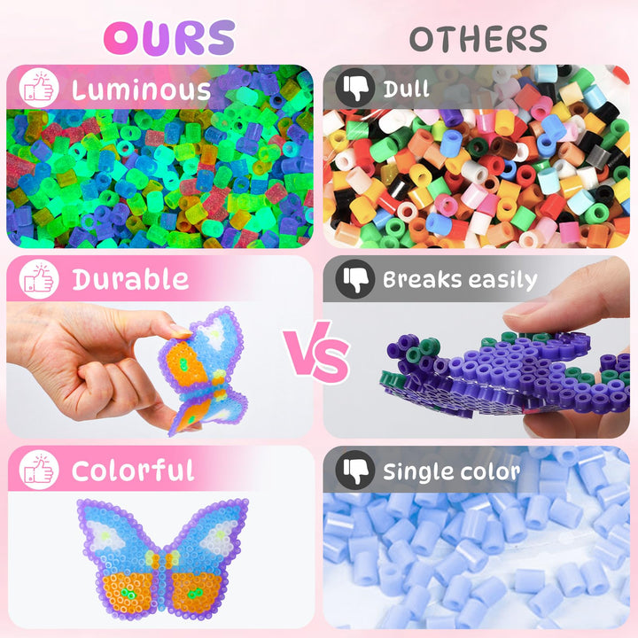 VynyQoo Luminous Fuse Beads, 3200pcs 7 Colors Glow in the Dark Beads, 5mm Iron Beads for Kids 6+DIY Hammer Beads, Arts and Crafts Gifts for Birthday, New Year, Thanksgiving