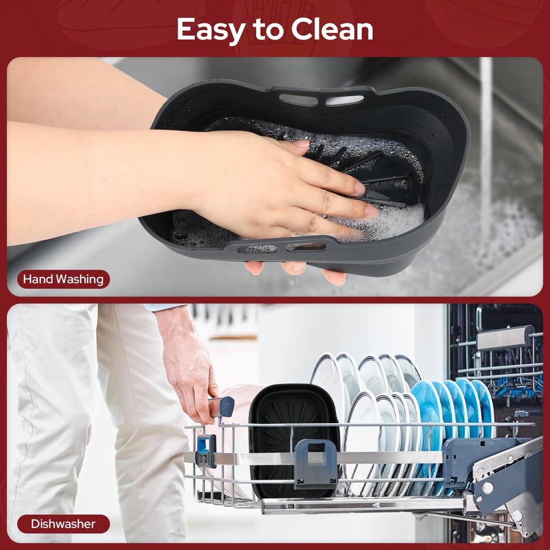 Alyvisun Air Fryer Silicone, 4PCS Reusable Dual Airfryer Accessories Liner Foldable Baking Rack Moulds Rectangular Basket Versatile Non Stick Tray (Black)