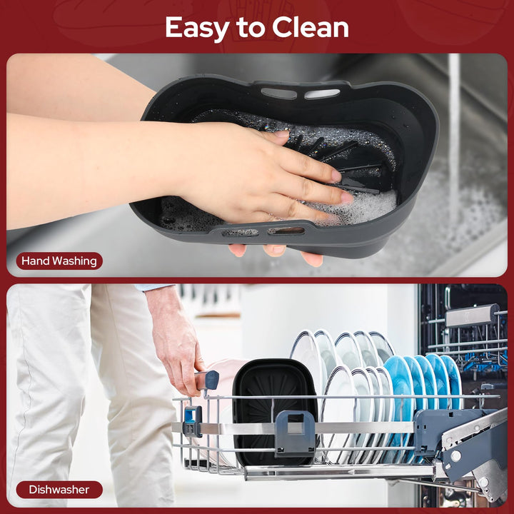Alyvisun Air Fryer Silicone, 4PCS Reusable Dual Airfryer Accessories Liner Foldable Baking Rack Moulds Rectangular Basket Versatile Non Stick Tray (Black)