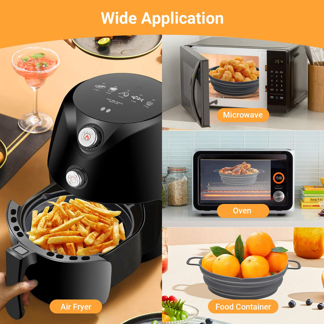 Alyvisun Air Fryer Liner Silicone Reusable Airfryer Basket Foldable Kitchen Pot Accessories Versatile Round Baking Pan for Microwave, Oven (Grey)