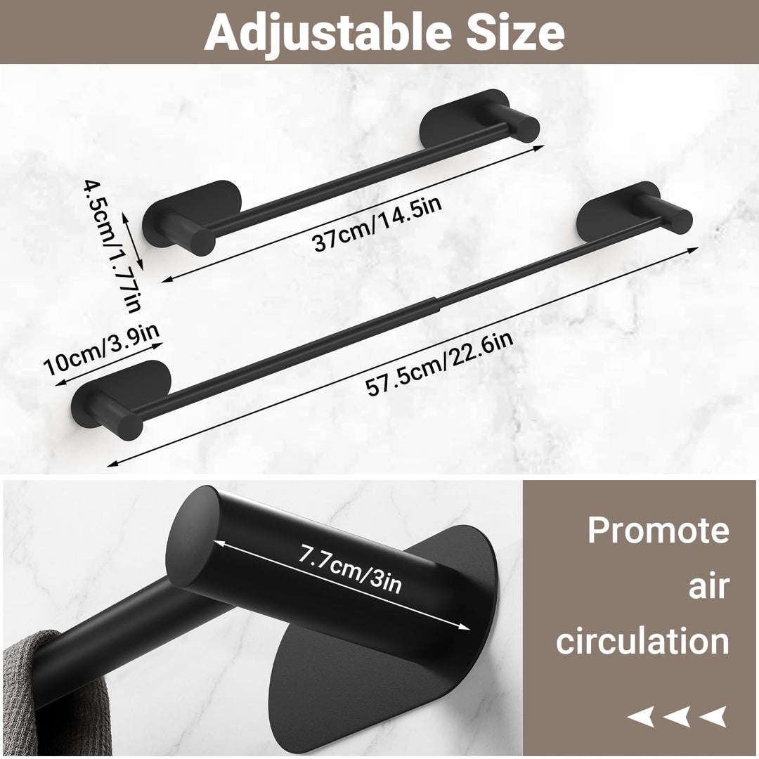 Alyvisun Self Adhesive Black Towel Rail, Stainless Steel Towel Holder, Retractable from 37cm to 57.5cm, Towel Rail Wall Mounted for Kitchen Bathroom Towel Rails Easy to Install