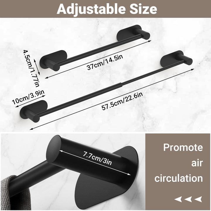 Alyvisun Self Adhesive Black Towel Rail, Stainless Steel Towel Holder, Retractable from 37cm to 57.5cm, Towel Rail Wall Mounted for Kitchen Bathroom Towel Rails Easy to Install