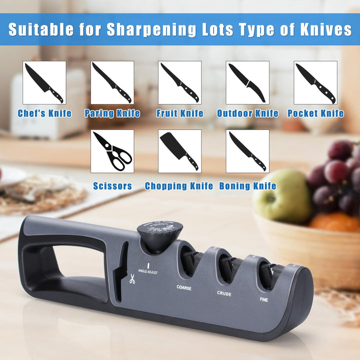 Alyvisun Kitchen Knife Sharpener, Manual 4 in 1, Ergonomic Handle, Non-Slip Base (Black)