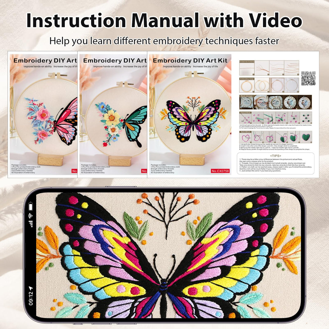 VynyQoo 3pcs Embroidery Kits Butterfly, Embroidery Kit for Beginners, Embroidery Starter Kit Adults, Stamped Embroidery kit with Butterfly Pattern, DIY Craft Embroidery with Video Tutorial Instruction