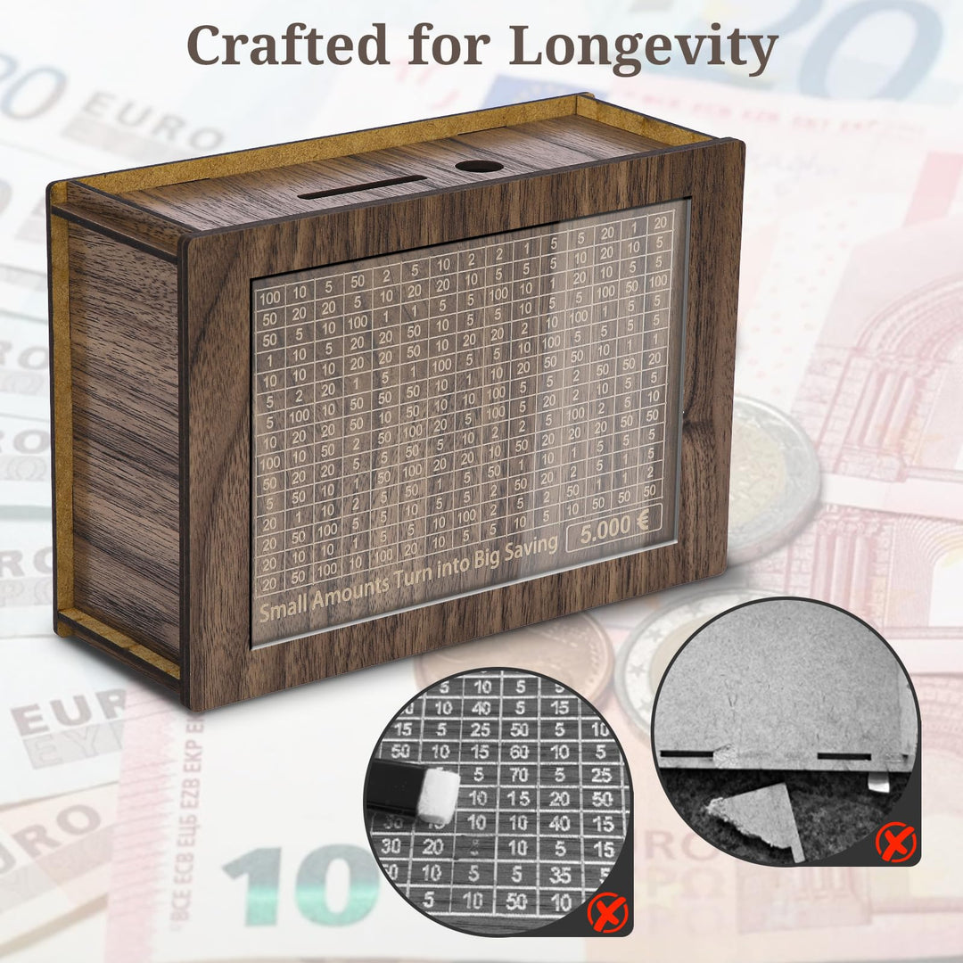 Alyvisun Wooden Stickers, Piggy 5000 Pound, Reusable Box with Counter Money Challenge Saving Bank Coin Cash Jar for Kids Adults 500-10000 DIY Target, Black Walnut, One Sizedults 500-10000 DIY Target, Brown, One Size