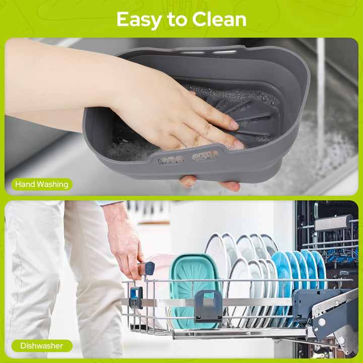 Alyvisun Air Fryer Silicone, 4PCS Reusable Dual Airfryer Accessories Liner Foldable Baking Rack Moulds Rectangular Basket Versatile Non Stick Tray (Blue+Grey)