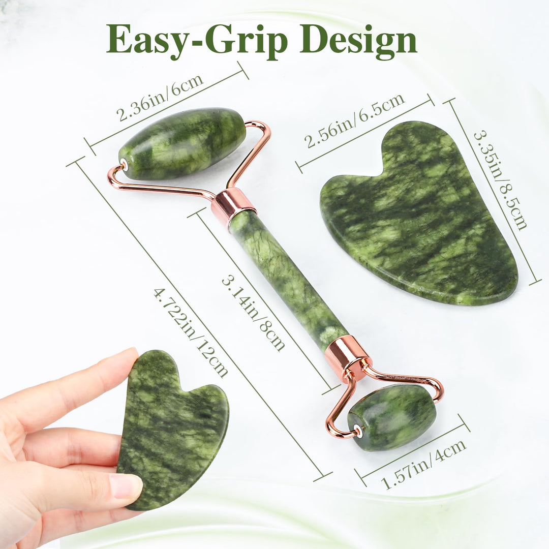Alyvisun Natural Green Jade Gua Sha Set and Jade Roller,for Neck and Body Massage Tool, Facial Massage Board for Relieving Puffiness and Jawline Improving with User Manual, Skincare Gift for Women