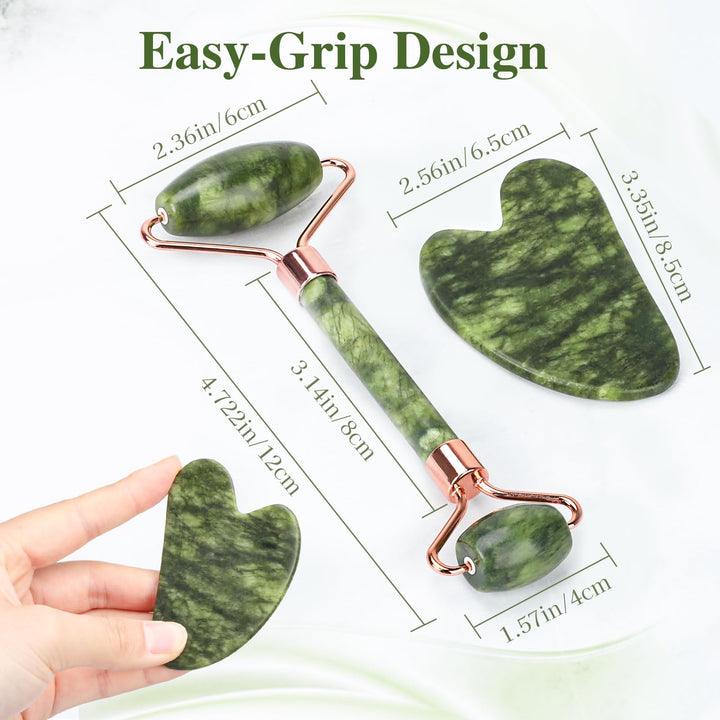 Alyvisun Natural Green Jade Gua Sha Set and Jade Roller,for Neck and Body Massage Tool, Facial Massage Board for Relieving Puffiness and Jawline Improving with User Manual, Skincare Gift for Women