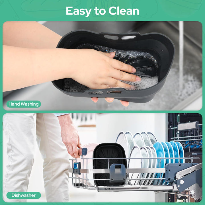 Alyvisun Air Fryer Silicone, 2PCS Reusable Dual Airfryer Accessories Liner Foldable Baking Rack Moulds Rectangular Basket Versatile Non Stick Tray (Black)
