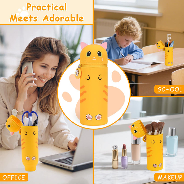 VynyQoo Pencil Case Kawaii Silicone, Pencilcase Expandable 2 in 1, Cute Pen Case, Zippered Pen Pouch for Kids, Desk Table Pen Holder Multifunctional