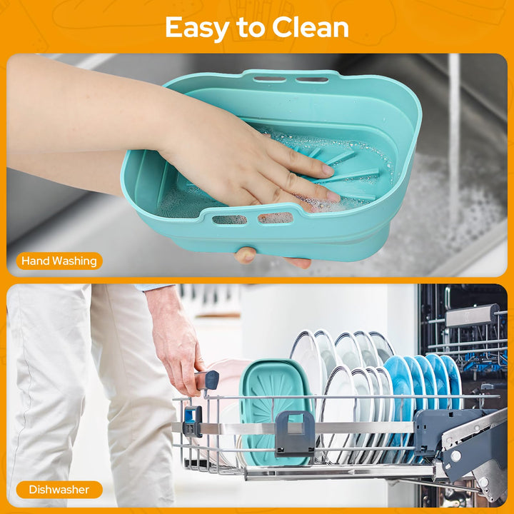 Alyvisun Air Fryer Silicone, 2PCS Reusable Dual Airfryer Accessories Liner Foldable Baking Rack Moulds Rectangular Basket Versatile Non Stick Tray (Blue)