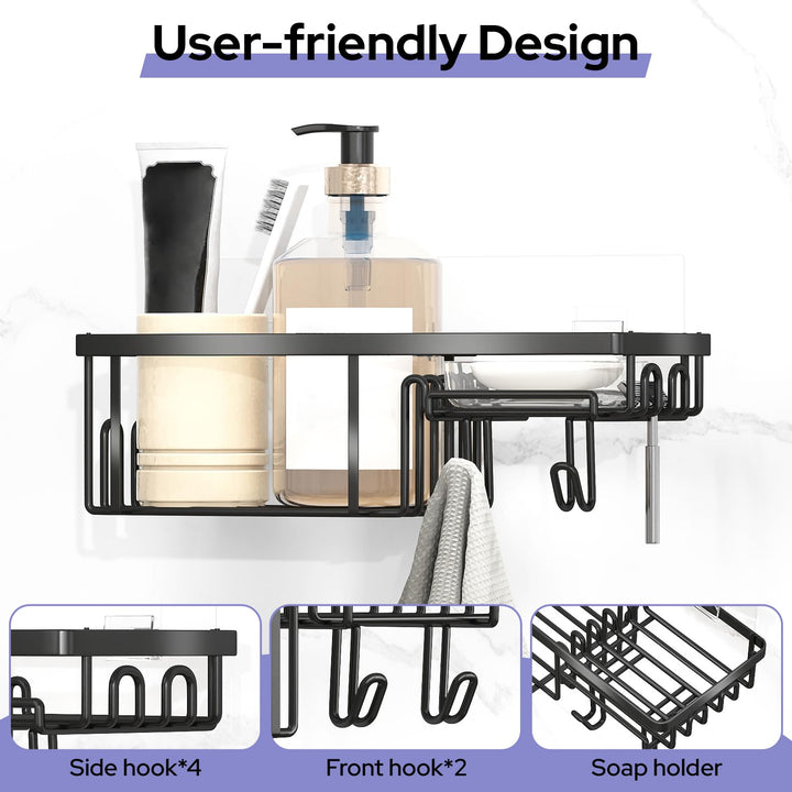 Alyvisun 2 Pack Large Capacity Shower Caddy with Strong Adhesive & Load Bearing, Stainless Steel Bathroom Shelves with Soap Holder and Hooks, Rustproof Shower Storage Caddy No Drilling