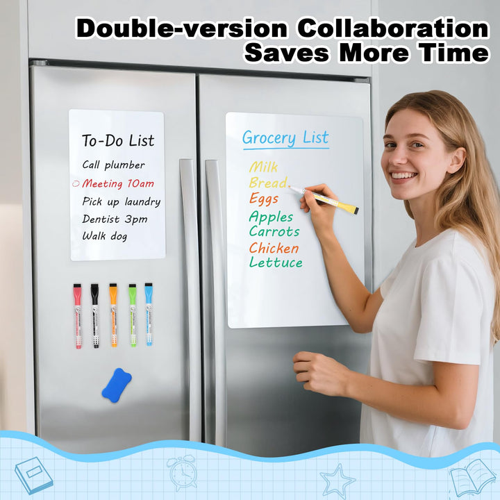 VynyQoo Magnetic Whiteboard for Fridge, 2-Pack A3 +A4 Dry Erase Magnet Boards with 6 Markers & 1 Eraser, Easy to Write and Wipe, Meal Weekly Planner for Home, Kitchen, Office, School