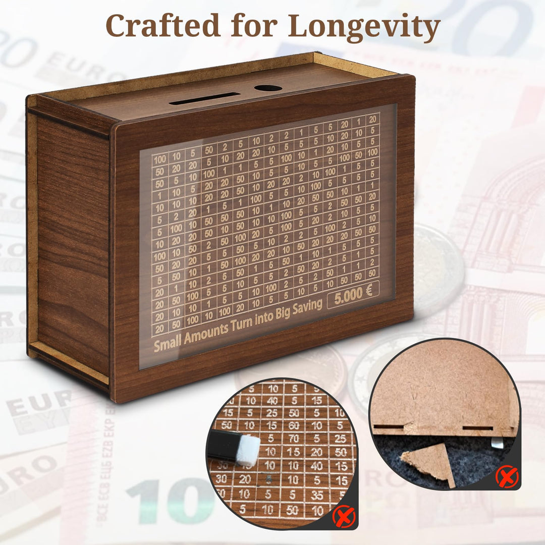 Alyvisun Wooden Stickers, Piggy 5000 Pound, Reusable Box with Counter Money Challenge Saving Bank Coin Cash Jar for Kids Adults 500-10000 DIY Target, Brown, One Size
