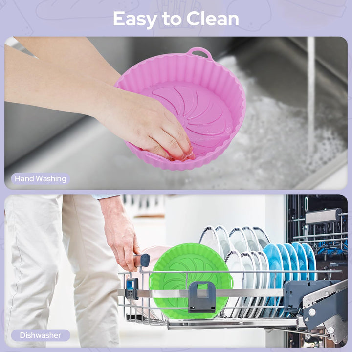 Alyvisun Air Fryer Silicone Liners, 3PCS Reusable Airfryer Basket Baking Tray Inserts Versatile Round Rack Pot for Microwave, Oven, Pink+Green+Sky Blue