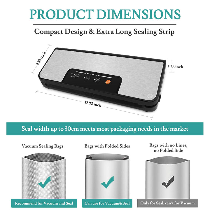 Kitchen Vacuum Sealer Machine, 4 in 1 Automatic Food Saver with Storage Bag Roll, Sous Vide Machine, Dry & Moist Food Modes, Stainless Steel Panel, Led Indicator Lights (Black)
