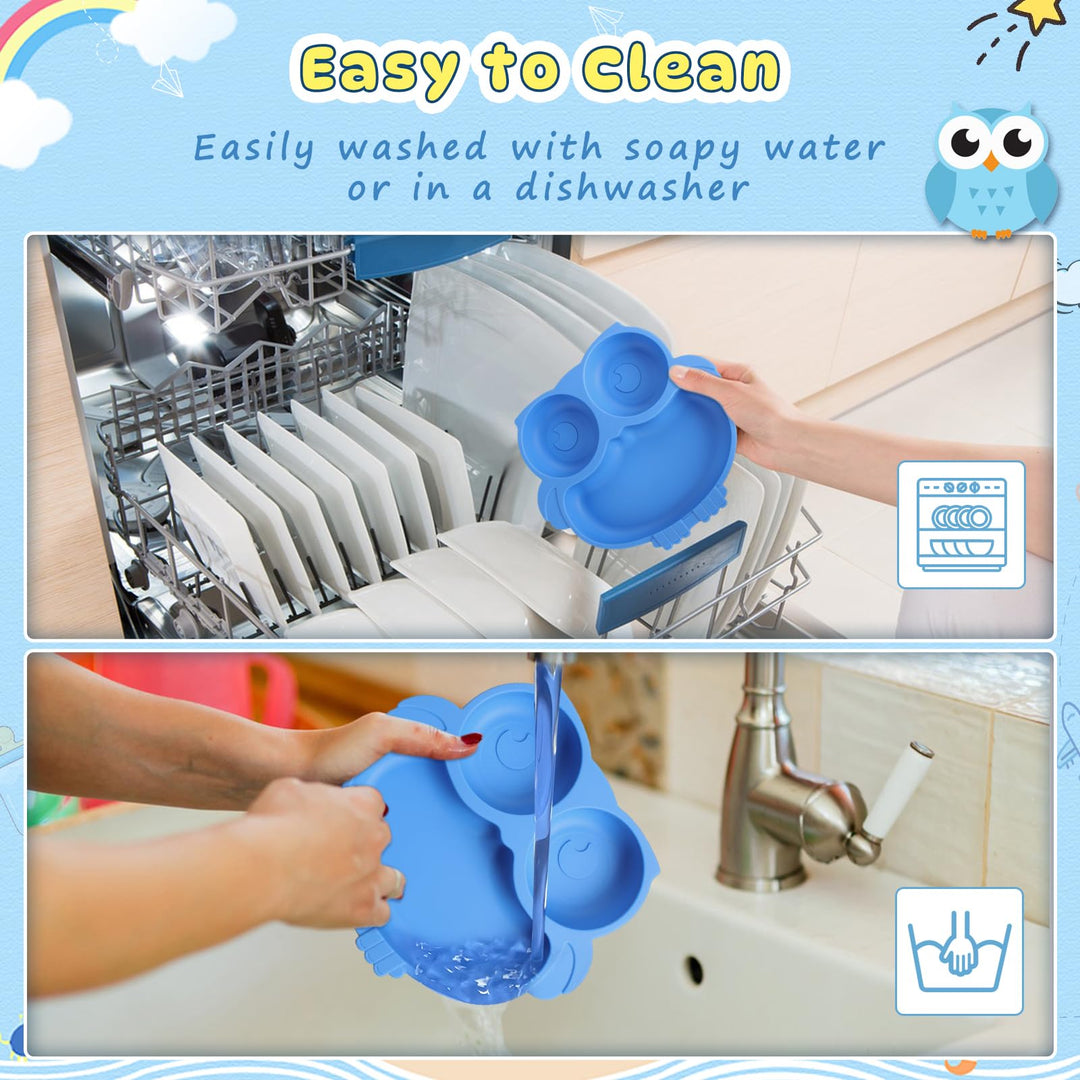 Alyvisun Owl Silicone Suction Plate for Baby, Toddler Cutlery with 3 Spoon Fork Non-Slip Weaning Bowls Feeding Divided Plates Set for High Chairs Tray (Blue)