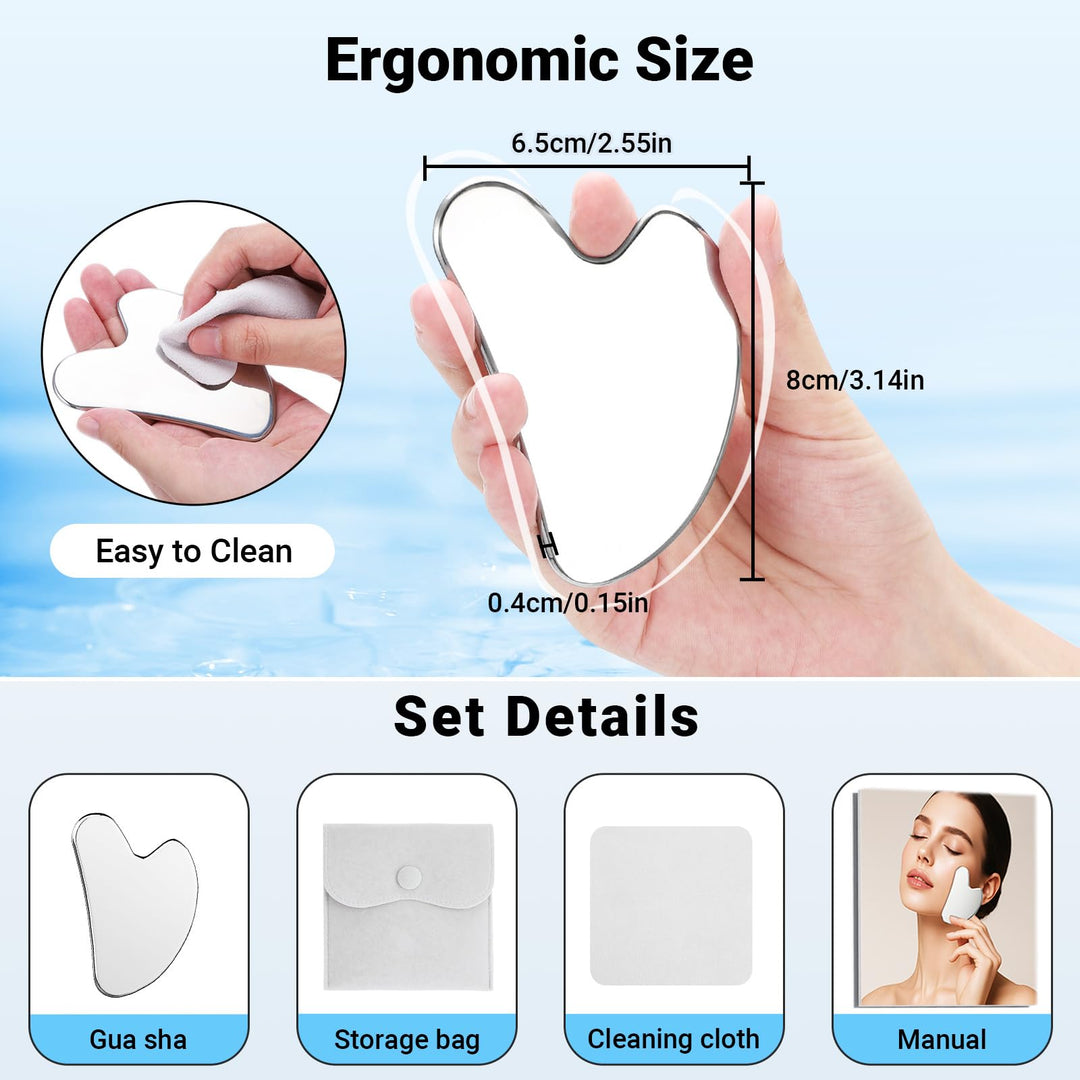 Alyvisun Gua Sha Stainless Steel, Gua Sha Tool Skin Depuffing, Cold Uplift Facial Massage Board with Carrying Bag & Cleaning Cloth for Whole Body